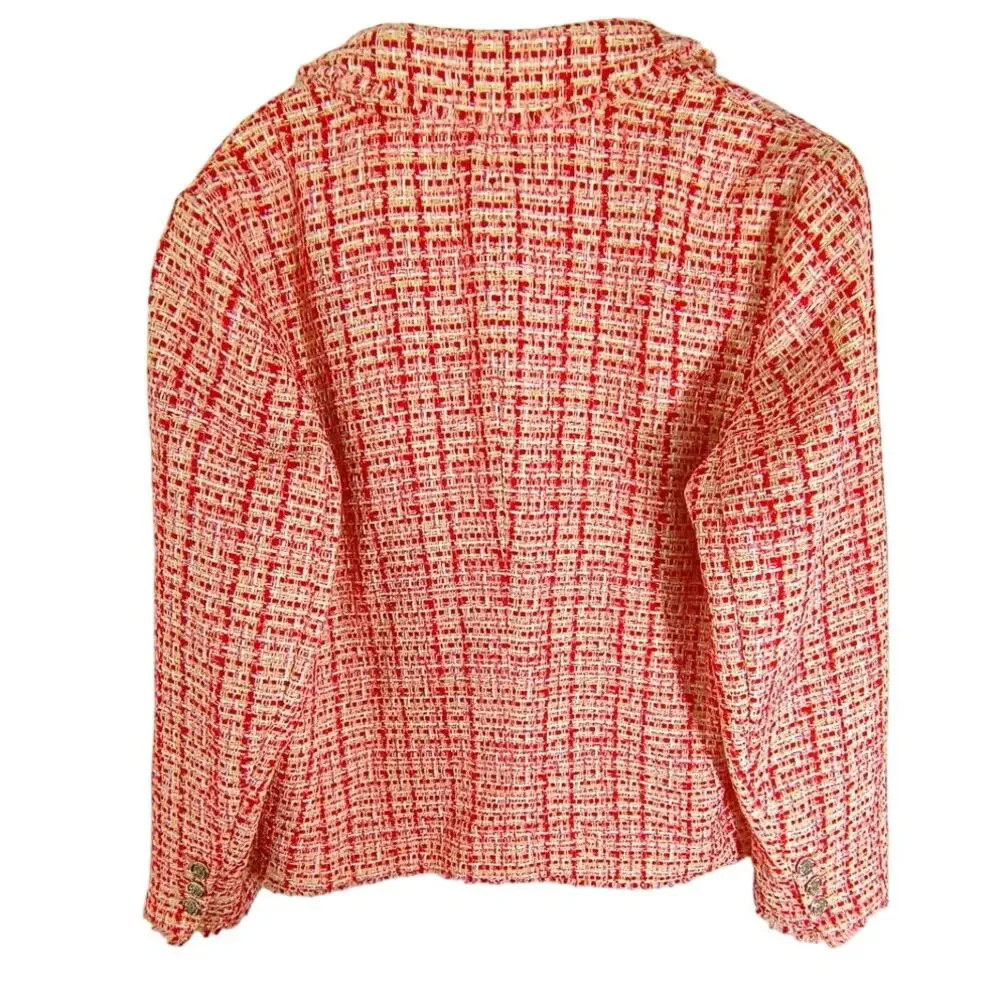 Talbots Plus 14W Red Tweed Metallic Blazer Old Money Preppy Fringe Jacket - Picture 14 of 15